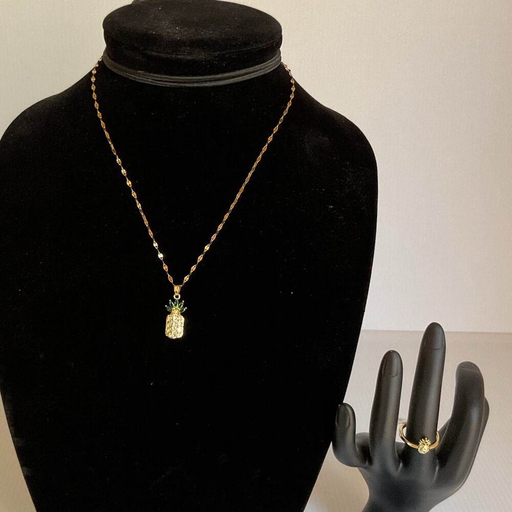 Pineapple Necklace & Ring Set Sparkling Rhinestones Fashion Jewelry Gold-Plated